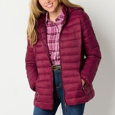 Stay warm and and protected against the elements when wearing this women's St. John's Bay hooded puffer jacket. It's smooth woven with a midweight fill for a comfortable fit, and has long sleeves and side zip pockets to keep your essentials safe and secure. Closure Type: ZipperFit: Regular FitNeckline: Hooded NeckPockets: 2 Front Zip PocketsSleeve Length: Long SleeveWarmth Factor: MidweightApparel Length: 30.75 InchesOuterwear Length: LongFiber Content: 100% NylonFabric Description: WovenFilling Casual Quilted Jacket With Double-lined Hood, Hooded Puffer Jacket, Puffer Jacket Women, Red Jacket, Puffer Jacket, Stay Warm, Side Zip, Zip Pockets, Puffer