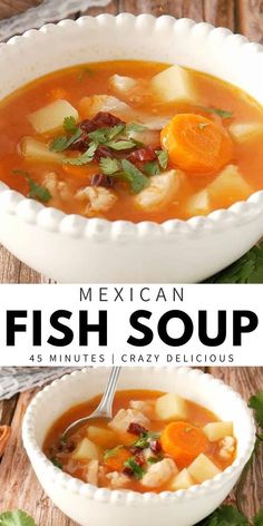 mexican fish soup with carrots and potatoes in a white bowl on a wooden table