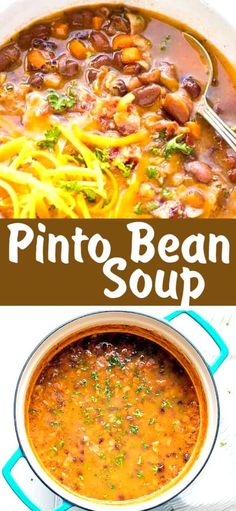 two pictures with different types of bean soup in them and the words pinto bean soup