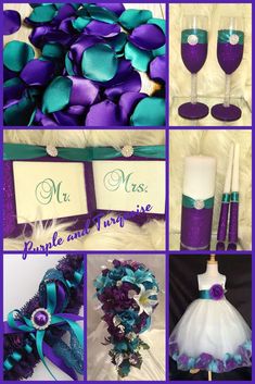 purple and teal wedding decorations, including wine glasses, bridesmaid gifts, bridal gowns