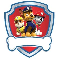 the paw patrol logo with three dogs in front of a red shield and white banner