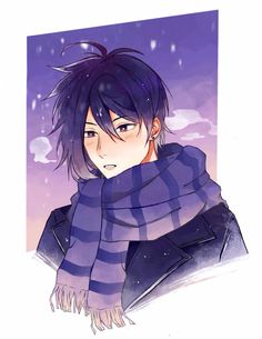 an anime character wearing a scarf and jacket with his hair in the wind, looking at something