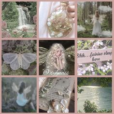 a collage of pictures with fairy images and words on them, including flowers, trees, water, butterflies, and other things