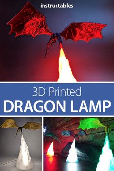 the 3d printed dragon lamp is shown in three different colors