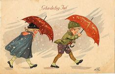 two children walking in the snow with umbrellas over their heads, one holding an umbrella