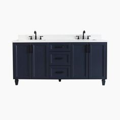 two sinks are shown in front of a white wall and dark blue cabinet with drawers