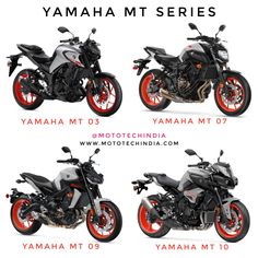 four different views of the yamaha mt - series motorcycle in three different stages, each with red rims