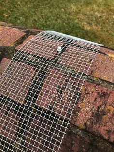 a piece of metal mesh sitting on top of a red brick wall next to green grass