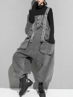 Loose Sleeveless Pockets Split-Joint Jean Pants Bottoms Overalls BLACK-One_size Black Overalls Outfit, Oversized Overalls, Baggy Overalls, Loose Overalls, Overalls Outfit, Concept Clothing, Suspender Pants