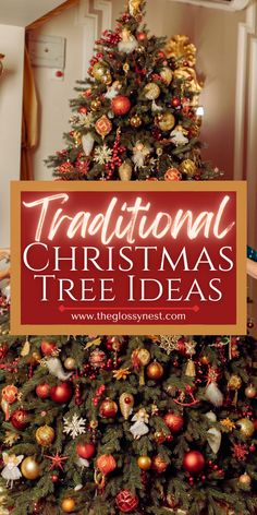 traditional christmas tree with red, gold ornaments Orange Christmas Tree, Victorian Christmas Tree, Natural Christmas Tree, Red Gold Christmas