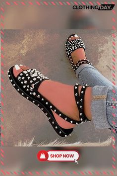 Open Toe Buckle Casual Rivet Sandals Black Summer Sandals, Western Casual, Latest Shoe Trends, Cute Sandals, Lululemon Leggings, Open Toe Sandals, Lace Up Heels, Ciabatta, Casual Sandals