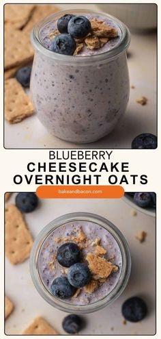 blueberry cheesecake overnight oatmeal in a jar with crackers on the side