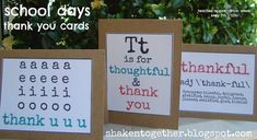 three thank you cards with the words t is for thoughtful and thank you written on them