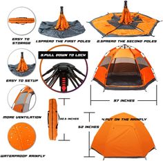 an orange tent with instructions on how to set up it and what to put in it