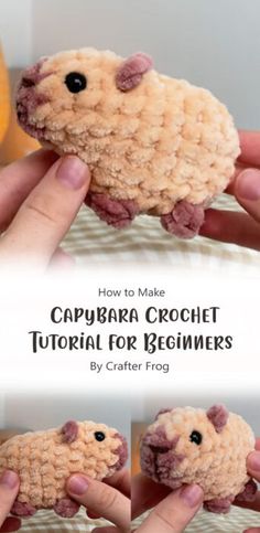 a hand holding a small stuffed animal in it's right hand with the words, how to make capybara crochet tutor for beginners