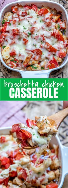 a casserole dish with chicken, tomatoes and cheese in it is being lifted by a wooden spoon