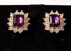 Avon purple clear amethyst square shape faceted center stone clip on earrings vintage gold tone smooth metal finish accent edge raised nail heads round bezel set rhinestones. In excellent vintage condition. Measures 1/2 of an inch wide 3/4 of an inch long. Elegant Purple Clip-on Earrings For Formal Occasions, Formal Purple Clip-on Jewelry, Purple Clip-on Earrings For Formal Occasions, Monet Earrings, Short Hills, Costume Earrings, Avon Jewelry, Earrings Vintage, Scalloped Edge