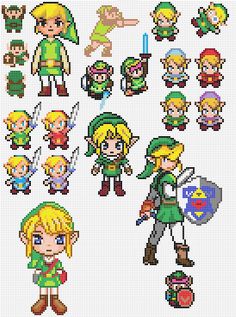 the legend of zelda cross stitch pattern is shown in different sizes and colors, including two