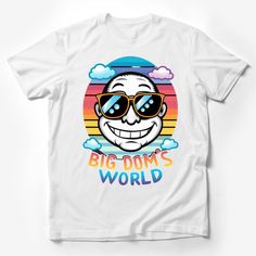 Step out in style with this vibrant and funky smile face t-shirt. Perfect for those who love to add a splash of color to their wardrobe, this retro-style top features the cheerful 'Big Dom's World' design. Made for comfort and fashion, our unisex tee is the perfect addition to your summer collection. It's more than just a t-shirt; it's a statement piece that radiates positivity and fun. Whether you're heading to a festival or just hanging out with friends, this shirt will surely turn heads and s Pop Culture Multicolor T-shirt With Character Print, Multicolor Pop Culture T-shirt With Character Print, Fun Cartoon Print T-shirt For Streetwear, Fun Cotton T-shirt With Graphic Design, Trendy Multicolor Cartoon Print T-shirt, Funny Multicolor Shirt With Cartoon Print, Multicolor Playful T-shirt With Funny Print, Playful Cotton Graphic T-shirt, Playful Cotton T-shirt With Graphic Design