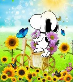 a snoopy dog on a bicycle with sunflowers and butterflies