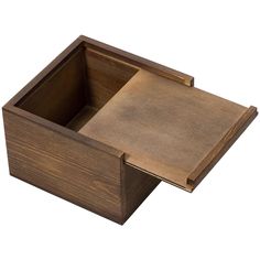 a wooden box with two compartments on the bottom and one drawer open to show something inside