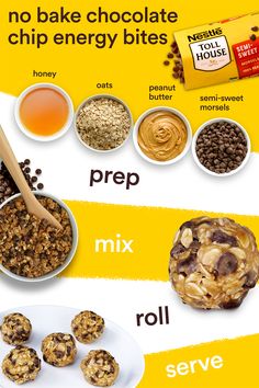 the ingredients for no bake chocolate chip energy bites on a yellow and white background