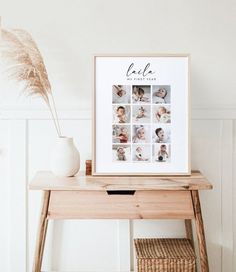 a wooden table with a white vase on top of it next to a framed photo