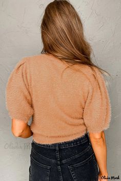 Olivia Mark - Jersey de manga corta Chic French Beige Fuzzy Fuzzy Shorts, Half Sleeve Sweater, Fuzzy Texture, Puff Sleeve Sweater, Romper And Jacket, Graphic Tank Tops, Fuzzy Sweater, Short Sleeve Sweater, Short Sleeved Sweaters