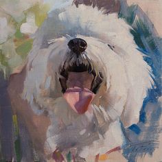 an oil painting of a white dog's face with its tongue out and it's mouth open