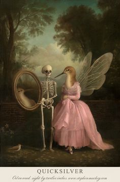 a painting of a skeleton and a girl in pink dress looking at a mirror with a bird on it