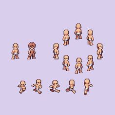 an old school pixel art style video game character set up in different poses and sizes