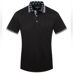 New 97% Cotton 3% Spandex Greek Key Design Black Stretch Collared Top, Classic Black Stretch Shirt, Black Slim Fit Collared Top, Black Fitted Polo Shirt For Summer, Fitted Black Summer Polo Shirt, Summer Black Fitted Polo Shirt, Fitted Black Cotton Polo Shirt, Black Fitted Cotton Polo Shirt, Fitted Black Shirt With Collar