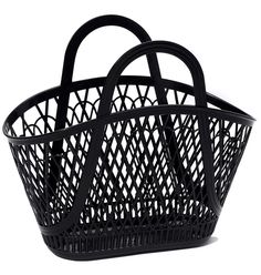 a black basket with handles on a white background