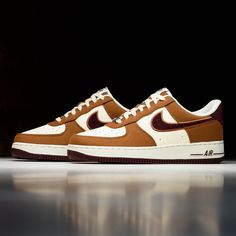 Leather upper Textile overlays Padded collar Air cushioning Foam midsole Rubber outsole Color: Light British Tan/Burgundy Crush Style: FQ8713-200 Gold Nike Shoes, Bb Shoes, Nike Shoes For Boys, Burgundy Nikes, Blue Chill, Nike Brown, Womens Air Jordans, Cream Shoes, Nike Air Force 1 07