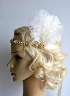 Gold Crystal Rhinestone Headband Headpiece, 1920s flapper gatsby Headband, Wedding Headband, Ivory G 1920s Hair Accessories, 1920s Headband, Gatsby Headband, 1920s Headpiece, Gold Peacock, Flapper Headband, Beautiful Hair Accessories, Headband Wedding, Feather Headband