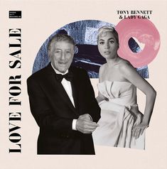 a man and woman in formal wear standing next to each other with the words tony bennet & lady gaia on it