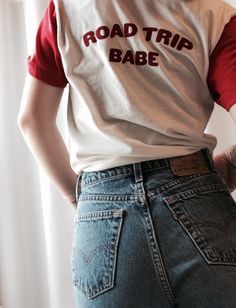 Road Trip Babe Tee Retro Red Tops With Slogan, Retro Red Tops With Text Print, Retro Red Top With Letter Print, Red Retro Slogan Tops, Red Cotton Top With Lettering, Red Cotton Tops With Lettering, Vintage Red Top With Text Print, Red Vintage Top With Text Print, Vintage Red Tops With Text Print