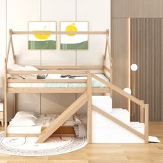 a wooden bunk bed sitting on top of a hard wood floor next to a white rug