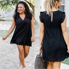 Black Lace Romper Fabric Has No Stretch, Lightweight Feel, Fitted In The Bust. V-Neckline With Ruffled Sleeves And Eyelet Fabric. Flowy Romper Style Wear Like A Dress With Shorts. Never Worn Size Info : Bust- 42-44 Waist- 36-38 Hips - 45-47 Black V-neck Short Sleeve Dress For Day Out, Black Short Sleeve V-neck Dress For Day Out, Black Mini V-neck Dress For Day Out, Casual Black V-neck Dress For Day Out, Black V-neck Summer Dress For Day Out, Black Summer V-neck Dress For A Day Out, Black V-neck Summer Mini Dress, Black V-neck Dress For Summer Day Out, Black V-neck Mini Length Dress For Day Out