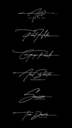 four different autographs on a black background