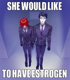 two men in suits with red hair walking down a runway text reads, she would like to have estrogen