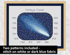 a cross stitch pattern with the words, two patterns included - stitch on white or dark blue fabric