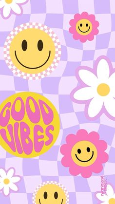 the words good vibes surrounded by smiley faces and flowers on a checkered background