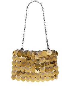 Paco Rabanne sequin-embellished Shoulder Bag - Farfetch 1970s Glam, Dream Wishlist, Sequin Bag, Gold Outfit, Handbag Stores, Holiday Bag, Gold Bag, Gold Handbags, Heart Bag