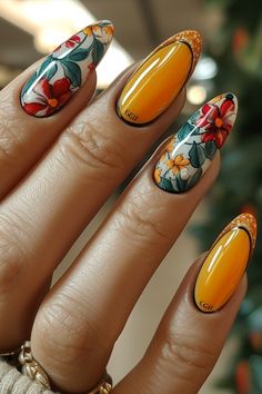 Orange Nail Designs 2024 Mexican Nails Designs Mexico, Summer Orange Nails, Rosemary Jelly, Mosaic Nails, Mexican Nails, Fruit Nails, Cheetah Print Nails