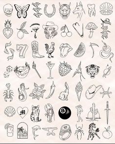 a large collection of tattoo designs and symbols for tattoos on the back of a sheet of paper