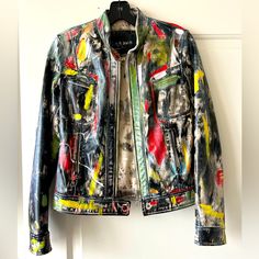 Terrana Leather Jacket Hand Painted In Florence Italy Many Years Ago. Famous Artist Used To Design Unique Styles For Gucci. Jacket Speaks For Itself. Fully Lined This Piece Of Art Was Purchased For 600euros Many Years Ago. No Longer Fits. Priced To Sell Multicolor Leather Outerwear For Fall, Multicolor Leather Winter Outerwear, Multicolor Long Sleeve Leather Jacket For Fall, Casual Multicolor Biker Jacket For Spring, Jacket Hand Painted, Gucci Jacket, Painted Jacket, Coat Paint, Leather Paint