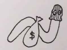 a drawing of a bag with a dollar sign sticking out of it's mouth