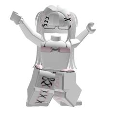 a white and black cartoon character with pink accents on his chest, arms outstretched in the air