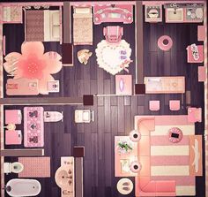 an overhead view of a dollhouse with furniture and accessories